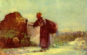 French farmer with bag on her back